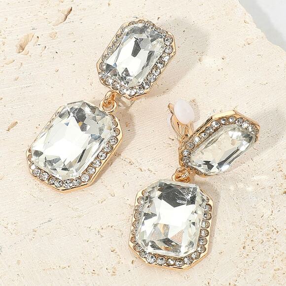 Clip on 1 3/4" gold and clear square stone dangle earrings - Picture 4 of 4